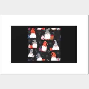 Christmas Gnomes with Snowflakes and Presents on Dark Grey Posters and Art